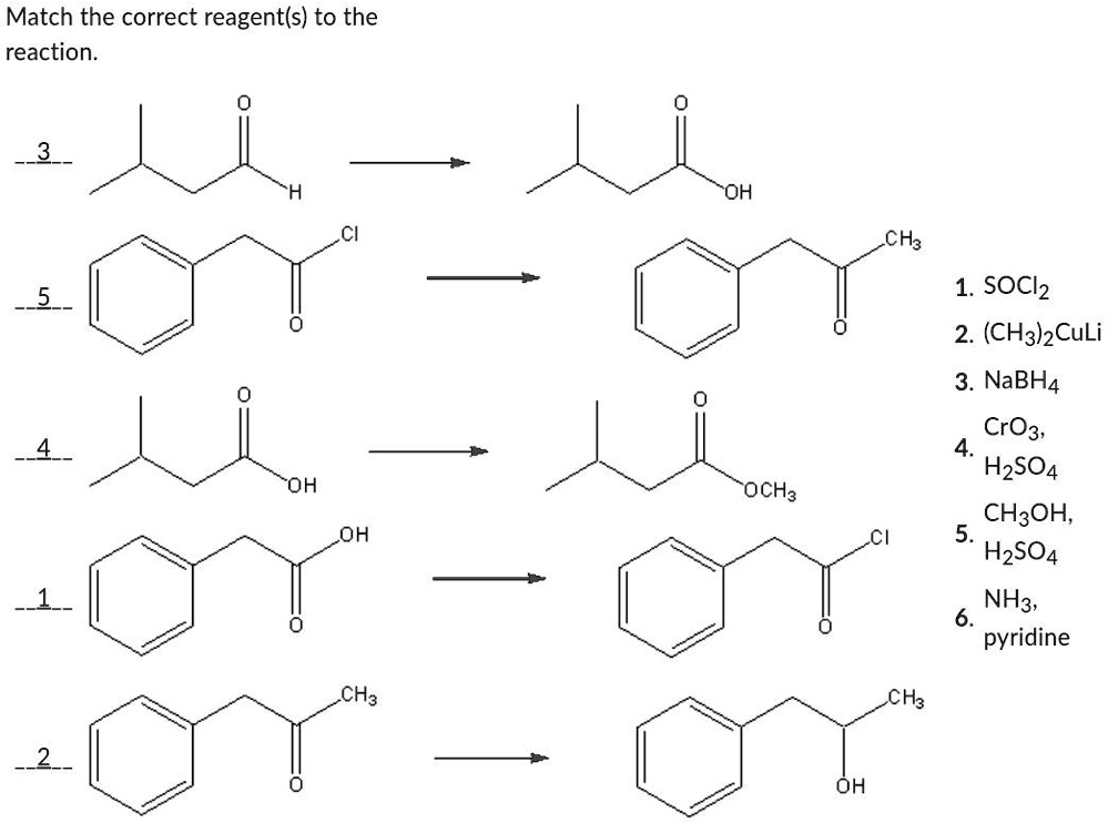 SOLVED: Match the correct reagent(s)to the reaction. 1.S0C 2.(CH3)2CuLi ...