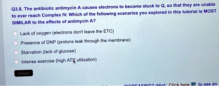 Q3.8. The antibiotic antimycin A causes electrons to become stuck to Q, so that they are unable to ever reach Complex IV. Which of the following scenarios you explored in this tutorial is MOST SIMILAR to the effects of antimycin A?

Lack of oxygen (electrons don't leave the ETC)
Presence of DNP (protons leak through the membrane)
Starvation (lack of glucose)
Intense exercise (high ATP utilization)
