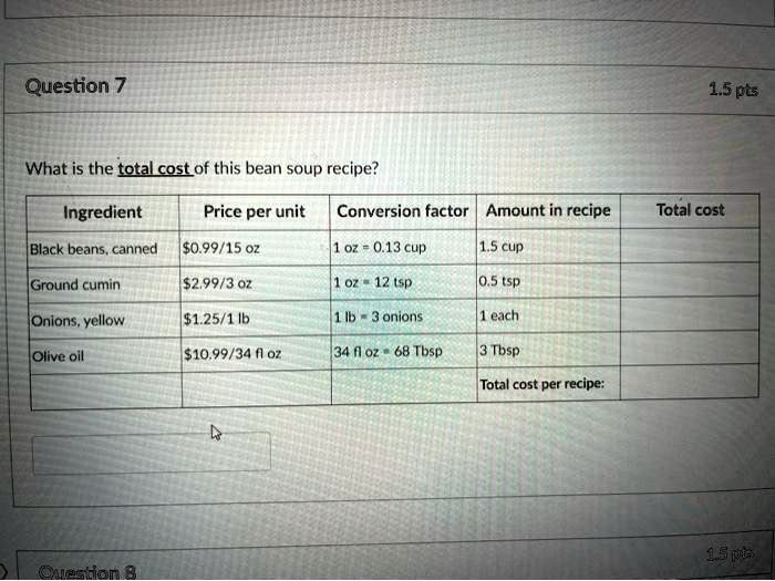 SOLVED Question 1,5 pts What is the total cost of this bean soup
