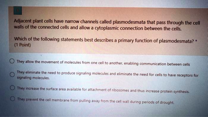 SOLVED: Adjacent plant cells have narrow channels called plasmodesmata