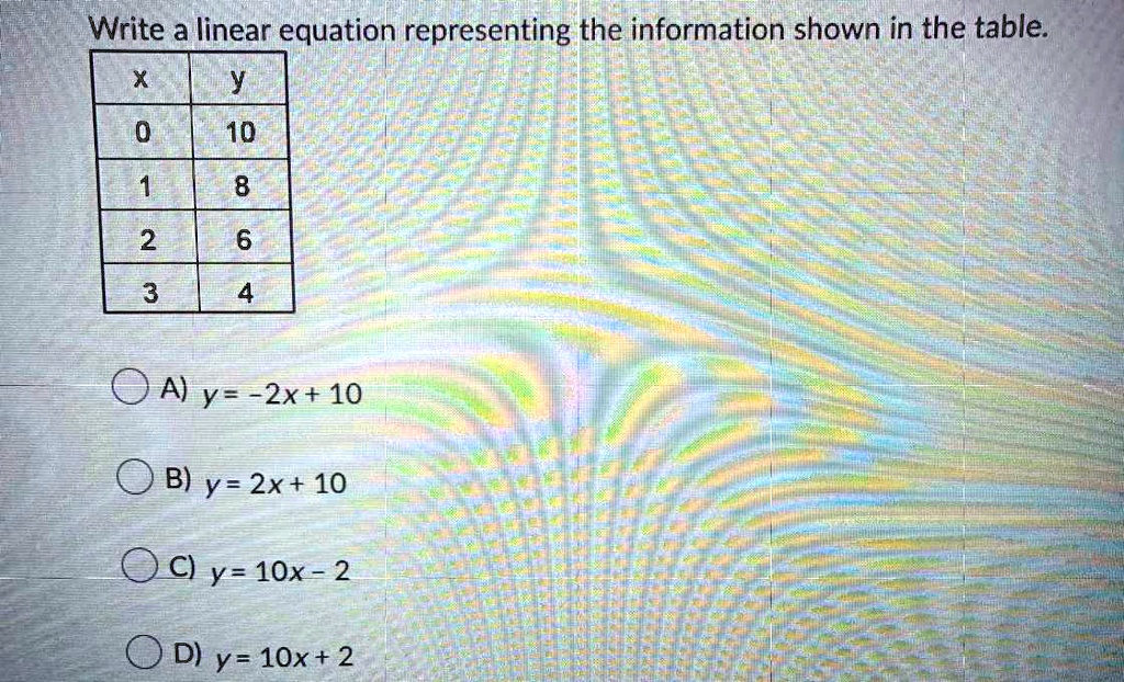 Solved Write A Linear Equation Representing The Information Shown In The Table A Y 2x 10 B Y 2x 10 C Y 10x 2 D Y 10x 2 Write A Linear Equation Representing The Information Shown In The Table X Y 0 10 8