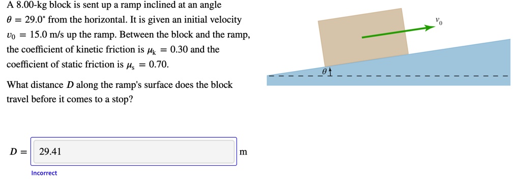 SOLVED: A 8.00-kg block is sent up a ramp inclined at an angle 0 = 29.0 ...