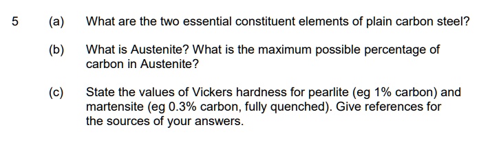 (a) What are the two essential constituent elements of plain carbon steel?
(b) What is Austenite? What is the maximum possible percentage of carbon in Austenite?
(c) State the values of Vickers hardness for pearlite (eg 1% carbon) and martensite (eg 0.3% carbon, fully quenched). Give references for the sources of your answers.