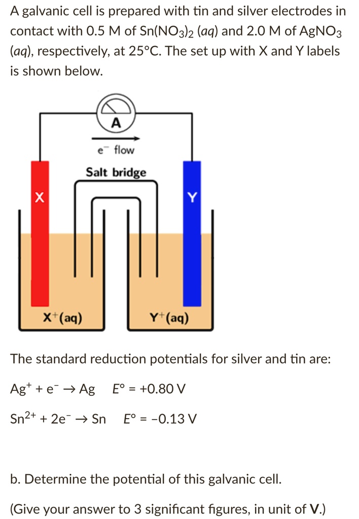 A galvanic cell is prepared with tin and silver electrodes in contact