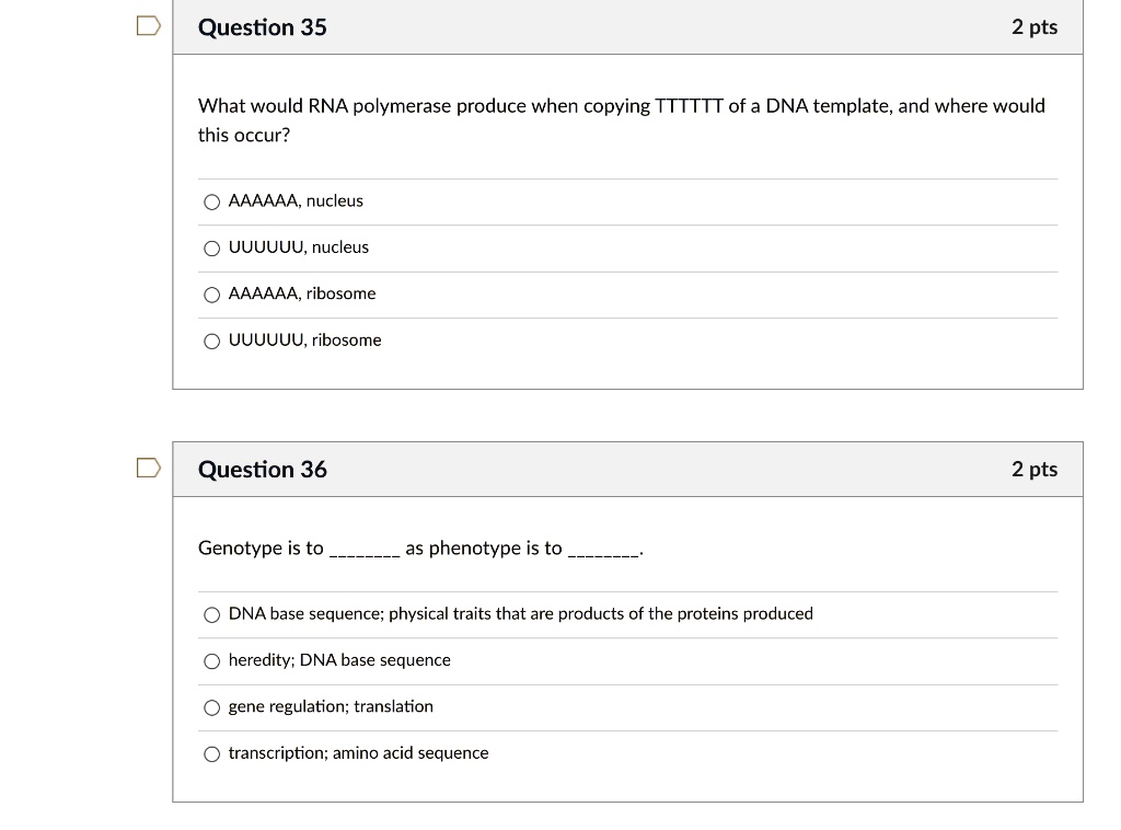 Question 35
What would RNA polymerase produce when copying TTTTTT of a DNA template, and where would this occur?
AAAAAA, nucleus
UUUUUU, nucleus
AAAAAA, ribosome
UUUUUU, ribosome
Question 36
Genotype is to  as phenotype is to .
DNA base sequence; physical traits that are products of the proteins produced
heredity; DNA base sequence
gene regulation; translation
transcription; amino acid sequence