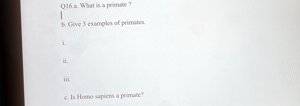 Q16.a. What is a primate ?
b. Give 3 examples of primates.
i.
ii.
iii.
c. Is Homo sapiens a primate?