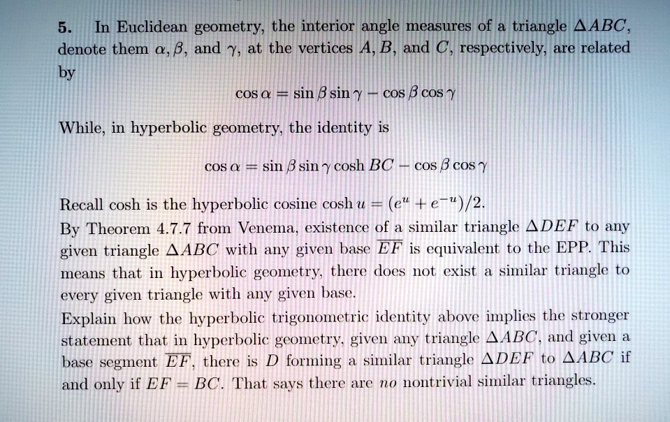 5 in euclidean geometry the interior angle measures of a triangle aabc denote them q b and t at the vertices a b and c respectively are related by cos a sin b sin cos b cos while in hyperbo 55013