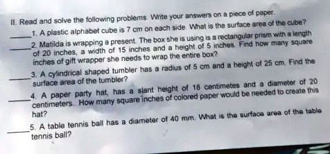 II. Read and solve the following problems. Write your answers on a ...