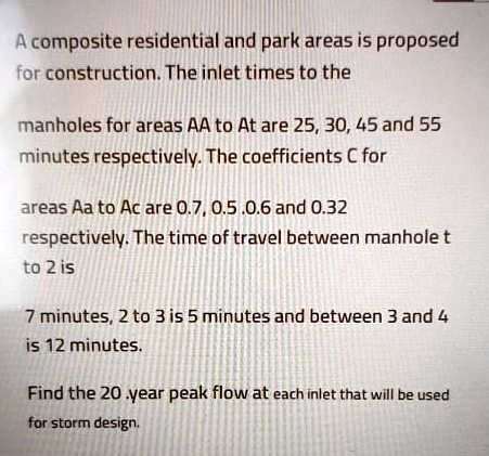 A composite residential and park areas is proposed for construction. The inlet times to the manholes for areas AA to At are 25, 30, 45 and 55 minutes respectively. The coefficients C for areas Aa to Ac are 0.7, 0.5, 0.6 and 0.32 respectively. The time of travel between manhole 1 to 2 is 7 minutes, 2 to 3 is 5 minutes and between 3 and 4 is 12 minutes. Find the 20-year peak flow at each inlet that will be used for storm design.