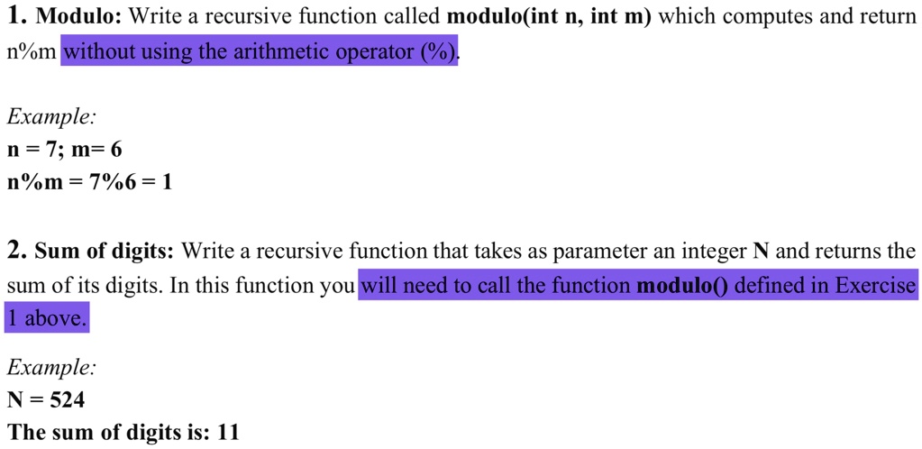 1. Modulo: Write a recursive function called modulo(int n, int m) which ...