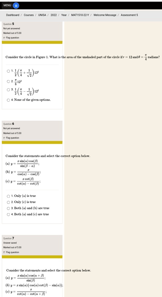 menu dashboard courses unisa 2022 year mat1510 22 y welcome message assessment 5 question 5 not yet angwered marked out of 500 flag question consider the circle in figure 1 what is the area  88628
