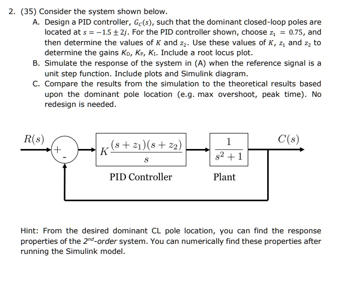 SOLVED: 35) Consider the system shown below. Design a PID controller ...