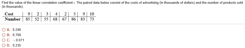 Find the value of the linear correlation coefficient r. The paired data below consist of the costs of advertising (in thousands of dollars) and the number of products sold
(in thousands):
Cost | 9 | 2 | 3 | 4 | 2 | 5 | 9 | 10
Number | 85 | 52 | 55 | 68 | 67 | 86 | 83 | 73
A. 0.246
B. 0.708
C. - 0.071
D. 0.235