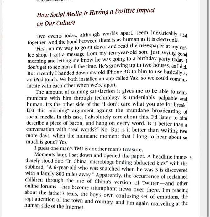 please click and read how social media is having a positive impact on our culture in a paragraph on page 2 it says social media simultaneously draws us nearer and distances us explain what h 87201