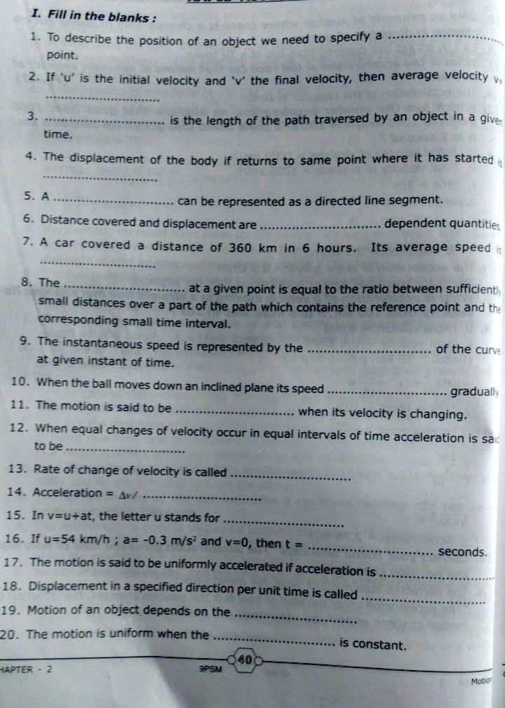 physics 9th grade motion chapter fibfill in the blanks 89214
