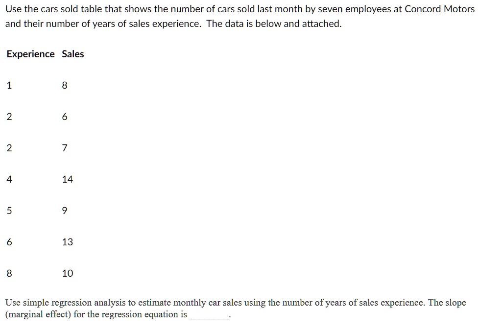Use the cars sold table that shows the number of cars sold last month by seven employees at Concord Motors and their number of years of sales experience. The data is below and attached.

Experience Sales

1 8

2 6

2 7

4 14

5 9

6 13

8 10

Use simple regression analysis to estimate monthly car sales using the number of years of sales experience. The slope (marginal effect) for the regression equation is .