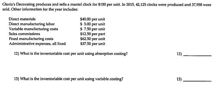 solved-gloria-s-decorating-produces-and-sells-a-mantel-clock-for-100