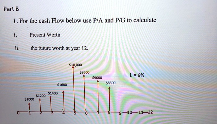 Part B
1. For the cash Flow below use P/A and P/G to calculate
i. Present Worth
ii. the future worth at year 12.
10,0009500
90008500
i. = 6%
16001400
12001000
0 1 2 3 4 5 6 7 8 9 10 11 12