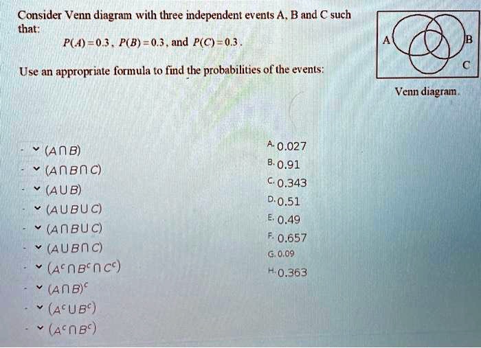 Consider Venn diagram with three independent events A, B and C such that:
P(A) = 0.3 , P(B) = 0.3 , and P(C) = 0.3 .

Use an appropriate formula to find the probabilities of the events:

(A ? B)
(A ? B ? C)
(A ? B)
(A ? B ? C)
(A ? B ? C)
(A ? B ? C)
(A^c ? B^c ? C^c)
(A ? B)^c
(A^c ? B^c)
(A^c ? B^c)

A. 0.027
B. 0.91
C. 0.343
D. 0.51
E. 0.49
F. 0.657
G. 0.09
H. 0.363

Venn diagram.