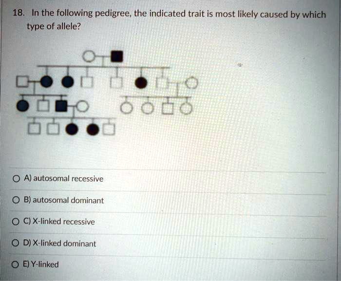 18. In the following pedigree, the indicated trait is most likely caused by which type of allele?
A) autosomal recessive
B) autosomal dominant
C) X-linked recessive
D) X-linked dominant
E) Y-linked