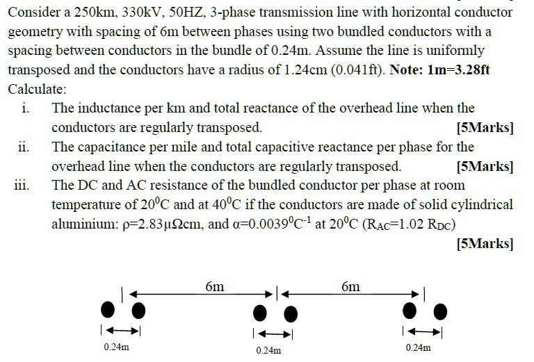 Solved Consider A 250 Km 330 Kv 50 Hz 3 Phase Transmission Line With Horizontal Conductor 2005