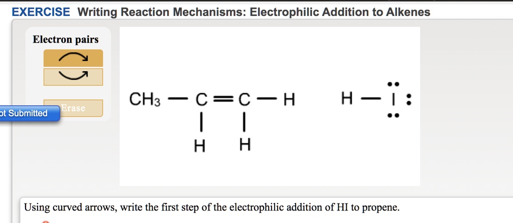 Writing Reaction Mechanisms: Electrophilic Addition to Alkenes
Electron pairs
CH3-C(H)=C(H)-H
H-I
Using curved arrows, write the first step of the electrophilic addition of HI to propene.
