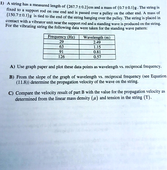1) A string has a measured length of (267.7±0.2) cm and a mass of (0.7±0.1)g. The string is
fixed to a support rod on one end and is passed over a pulley on the other end. A mass of
(150.7±0.1)g is tied to the end of the string hanging over the pulley. The string is placed in
contact with a vibrator unit near the support rod and a standing wave is produced on the string.
For the vibrating string the following data were taken for the standing wave pattern:
Frequency (Hz)	Wavelength (m)
29	2.49
63	1.15
91	0.81
126	0.57
A) Use graph paper and plot these data points as wavelength vs. reciprocal frequency.
B) From the slope of the graph of wavelength vs. reciprocal frequency (see Equation
(11.8)) determine the propagation velocity of the wave on the string.
C) Compare the velocity result of part B with the value for the propagation velocity as
determined from the linear mass density (mu) and tension in the string (T).