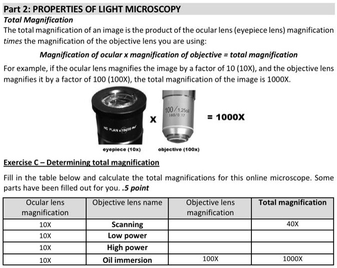 SOLVED Part 2 PROPERTIES OF LIGHT MICROSCOPY Total Magnification The