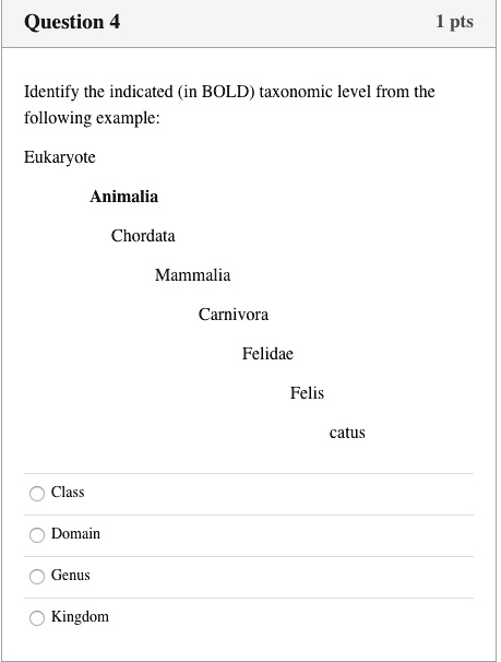 Identify the indicated (in BOLD) taxonomic level from the following example:
Eukaryote
Animalia
Chordata
Mammalia
Carnivora
Felidae
Felis
catus
Class
Domain
Genus
Kingdom