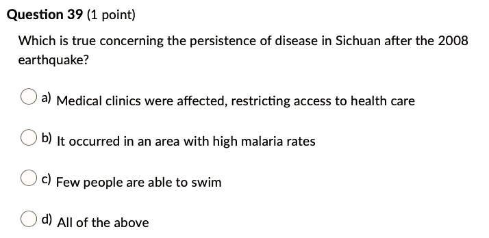Which is true concerning the persistence of disease in Sichuan after the 2008 earthquake?

a) Medical clinics were affected, restricting access to health care
b) It occurred in an area with high malaria rates
c) Few people are able to swim
d) All of the above