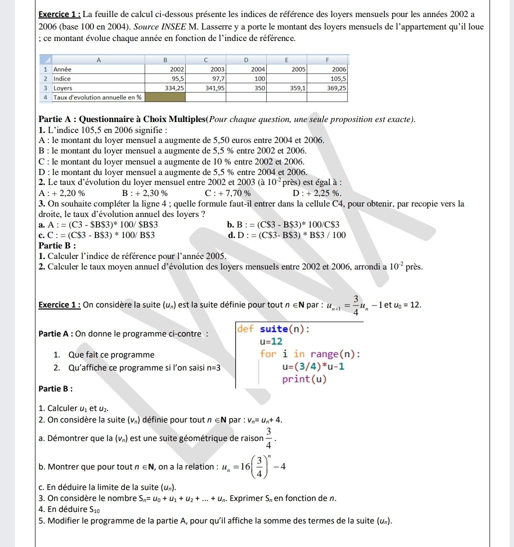 Exercice 1: La feuille de calcul ci-dessous présente les indices de ...