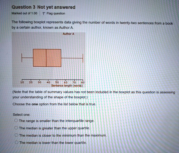 The following boxplot represents data giving the number of words in twenty-two sentences from a book by a certain author, known as Author A.
Author A
10 20 30 40 50 60 70 80
Sentence length (words)
(Note that the table of summary values has not been included in the boxplot as this question is assessing your understanding of the shape of the boxplot.)
Choose the one option from the list below that is true.
Select one:
The range is smaller than the interquartile range.
The median is greater than the upper quartile.
The median is closer to the minimum than the maximum.
The median is lower than the lower quartile.
