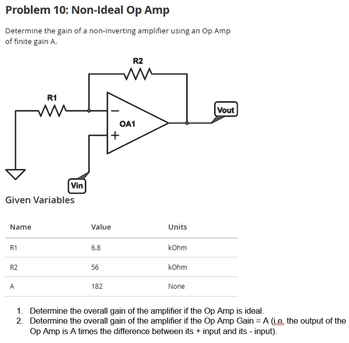 SOLVED: Problem 10: Non-Ideal Op Amp - Determine the gain of a non ...