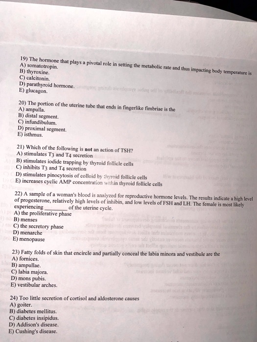 19) The hormone that plays a pivotal role in setting the metabolic rate and thus impacting body temperature is
A) somatotropin.
B) thyroxine.
C) calcitonin.
D) parathyroid hormone.
E) glucagon.
20) The portion of the uterine tube that ends in fingerlike fimbriae is the
A) ampulla.
B) distal segment.
C) infundibulum.
D) proximal segment.
E) isthmus.
21) Which of the following is not an action of TSH?
A) stimulates T3 and T4 secretion
B) stimulates iodide trapping by thyroid follicle cells
C) inhibits T3 and T4 secretion
D) stimulates pinocytosis of colloid by thyroid follicle cells
E) increases cyclic AMP concentration within thyroid follicle cells
22) A sample of a woman's blood is analyzed for reproductive hormone levels. The results indicate a high level
of progesterone, relatively high levels of inhibin, and low levels of FSH and LH. The female is most likely
experiencing  of the uterine cycle.
A) the proliferative phase
B) menses
C) the secretory phase
D) menarche
E) menopause
23) Fatty folds of skin that encircle and partially conceal the labia minora and vestibule are the
A) fornices.
B) ampullae.
C) labia majora.
D) mons pubis.
E) vestibular arches.
24) Too little secretion of cortisol and aldosterone causes
A) goiter.
B) diabetes mellitus.
C) diabetes insipidus.
D) Addison's disease.
E) Cushing's disease.