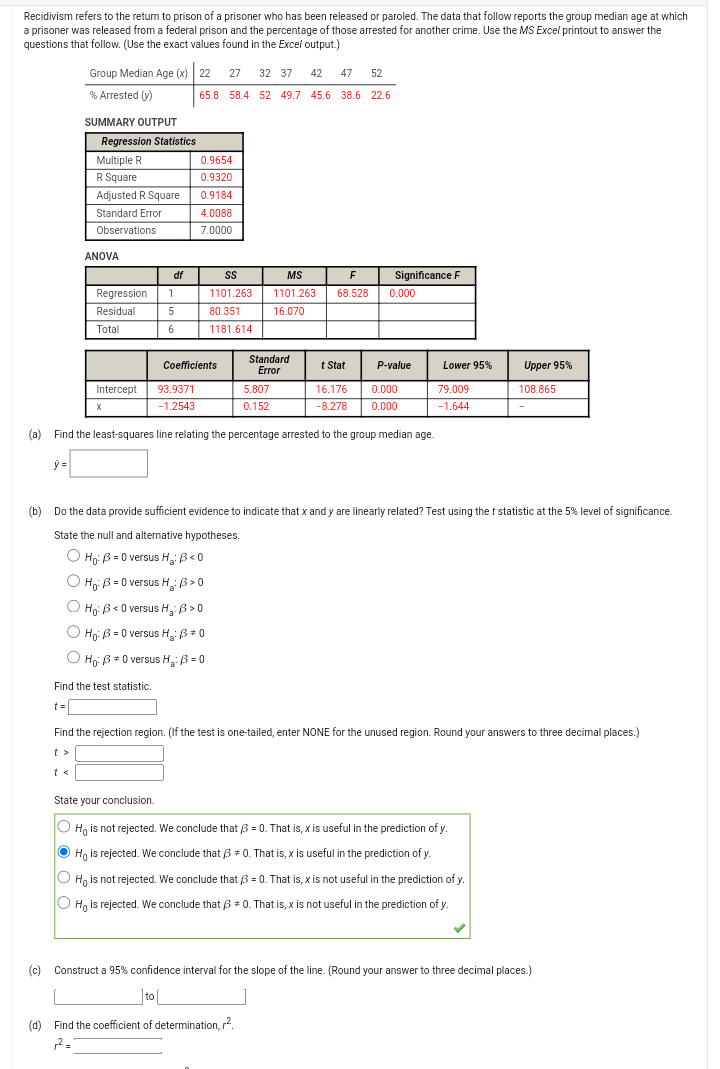 Recidivism refers to the return to prison of a prisoner who has been released or paroled. The data that follow reports the group median age at which a prisoner was released from a federal prison and the percentage of those arrested for another crime. Use the MS Excel printout to answer the questions that follow. (Use the exact values found in the Excel output.)
egintabularl|lllllll
Group Median Age (x)     22     27     32     37     42     47     52 hline % Arrested (y) & 65.8 & 58.4 & 52 & 49.7 & 45.6 & 38.6 & 22.6
endtabular
SUMMARY OUTPUT
egintabular|l|l|
hline multicolumn2|c| Regression Statistics  hline Multiple R     0.9654 hline R Square     0.9320 hline Adjusted R Square     0.9184 hline Standard Error     4.0088 hline Observations     7.0000 hline
endtabular
ANOVA
egintabular|l|l|c|l|l|l|
hline     df     SS     MS     F     Significance F hline Regression     1     1101.263     1101.263     68.528     0.000 hline Residual     5     80.351     16.070         hline Total     6     1181.614             hline
endtabular
egintabular|l|l|l|l|l|l|l|
hline     Coefficients     Standard Error     t Stat     P-value     Lower 95% & Upper 95% \
hline Intercept     93.9371     5.807     16.176     0.000     79.009     108.865 hline x     -1.2543     0.152     -8.278     0.000     -1.644     - hline
endtabular
(a) Find the least-squares line relating the percentage arrested to the group median age.
(haty=)
(b) Do the data provide sufficient evidence to indicate that x and y are linearly related? Test using the t statistic at the 5% level of significance.
State the null and alternative hypotheses.
(H0: eta=0) versus (Ha: eta<0)
(H0: eta=0) versus (Ha: eta>0)
(H0: eta<0) versus (Ha: eta>0)
(H0: eta=0) versus (Ha: eta 
eq 0)
(H0: eta 
eq 0) versus (Ha: eta=0)
Find the test statistic.
(t=)
Find the rejection region. (If the test is one-tailed, enter NONE for the unused region. Round your answers to three decimal places.)
(t>)
(t<)
State your conclusion.
(H0) is not rejected. We conclude that (eta=0). That is, x is useful in the prediction of y.
(H0) is rejected. We conclude that (eta 
eq 0). That is, x is useful in the prediction of y.
(H0) is not rejected. We conclude that (eta=0). That is, x is not useful in the prediction of y.
(H0) is rejected. We conclude that (eta 
eq 0). That is, x is not useful in the prediction of y.
(c) Construct a 95% confidence interval for the slope of the line. (Round your answer to three decimal places.)
to
(d) Find the coefficient of determination, (r^2).
(r^2=)