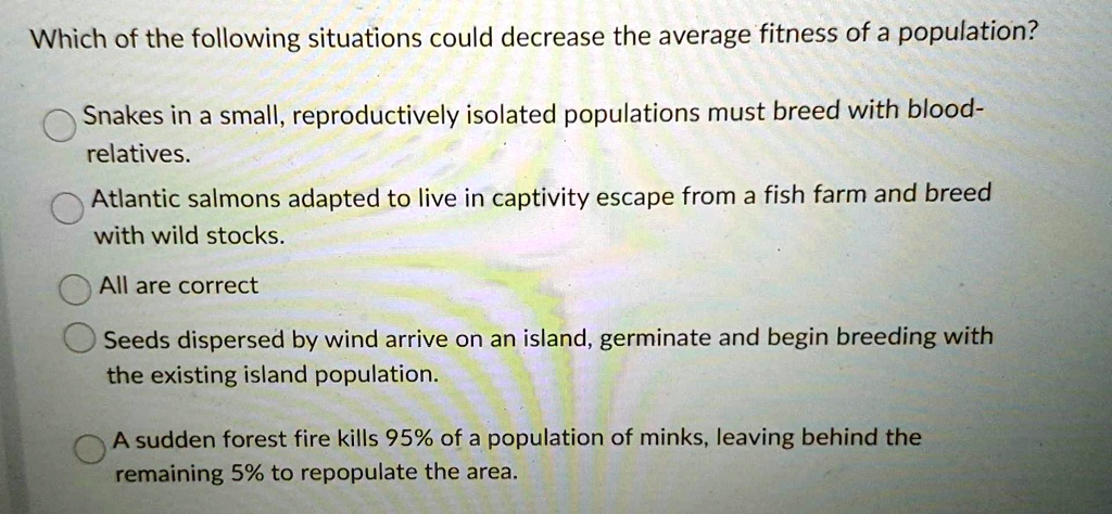 Which of the following situations could decrease the average fitness of a population?
Snakes in a small, reproductively isolated populations must breed with blood-
relatives.
Atlantic salmons adapted to live in captivity escape from a fish farm and breed
with wild stocks.
All are correct
Seeds dispersed by wind arrive on an island, germinate and begin breeding with
the existing island population.
A sudden forest fire kills 95% of a population of minks, leaving behind the
remaining 5% to repopulate the area.