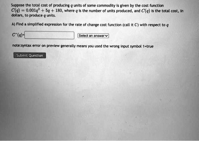 Solved Suppose The Total Cost Of Producing Q Units Of Some Commodity Is Given By The Cost