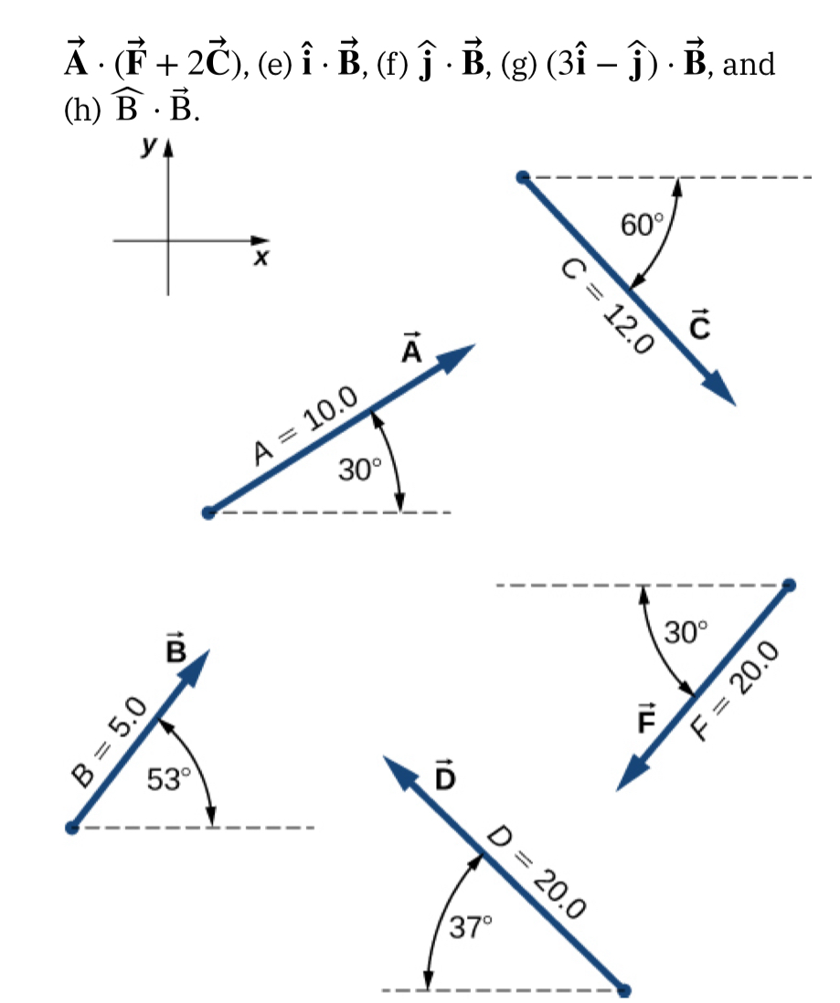 ( overrightarrowmathbfA cdot(overrightarrowmathbfF+2 overrightarrowmathbfC) ), (e) ( hatmathbfi cdot overrightarrowmathbfB,(mathrmf) hatmathbfj cdot overrightarrowmathbfB,(mathrmg)(3 hatmathbfi-hatmathbfj) cdot overrightarrowmathbfB ), and
(h) ( widehatmathrmB cdot overrightarrowmathrmB ).