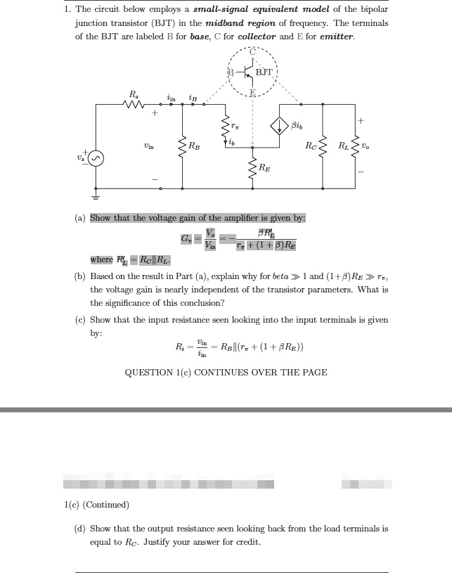 SOLVED 1. The circuit below employs a smallsignal equivalent model of