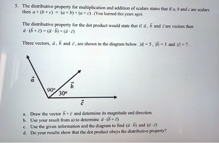 5. The distributive property for multiplication and addition of scalars states that if a, b and c are scalars then a    times (b + c) = (a    times b) + (a    times c) . (You learned this years ago).

The distributive property for the dot product would state that if a, b and c are vectors then a    middot (b + c) = (a    middot b) + (a    middot c)

Three vectors, a, b and c, are shown in the diagram below. |a| = 5, |b| = 3 and |c| = 7 .

a. Draw the vector b + c and determine its magnitude and direction.
b. Use your result from a) to determine a    middot (b + c)
c. Use the given information and the diagram to find (a    middot b) and (a    middot c)
d. Do your results show that the dot product obeys the distributive property?