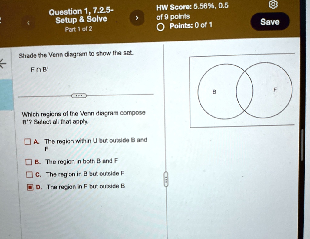 question 1 725 setup solve part 1 of 2 shade the venn diagram to show ...