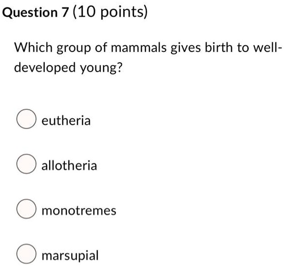 Question 7 (10 points)
Which group of mammals gives birth to well-
developed young?
eutheria
allotheria
monotremes
marsupial