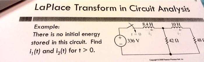 LaPlace Transform in Circuit Analysis
Example:
There is no initial energy
stored in this circuit. Find
i1(t) and i2(t) for t > 0.