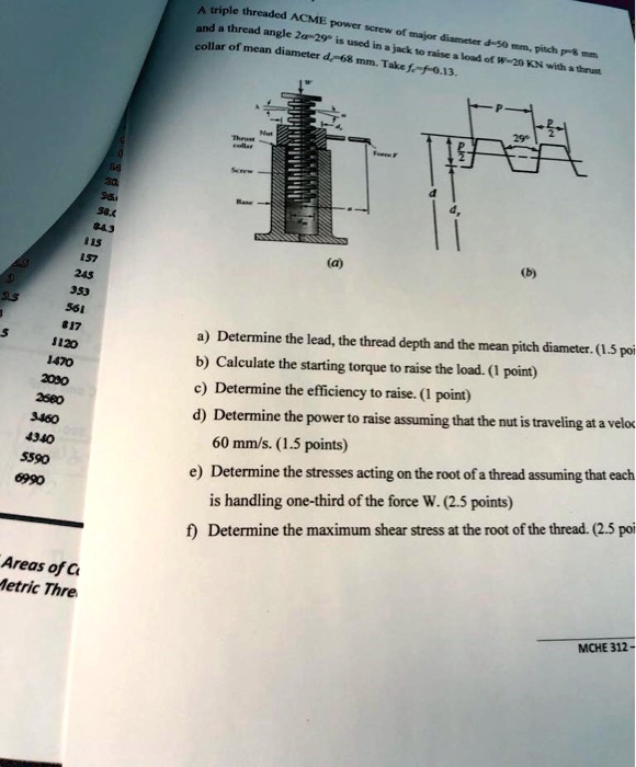 A triple threaded ACME power screw of major diameter d=50 mm, pitch p=8 ...