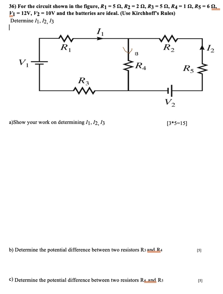 36) For the circuit shown in the figure, R1 = 5 Ω, R2 = 2 Ω, R3 = 5 Ω ...