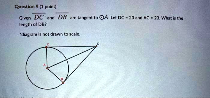 Question 9 (1 point)
Given DC and DB are tangent to ⊙A. Let DC = 23 and AC = 23. What is the
length of DB?
*diagram is not drawn to scale.