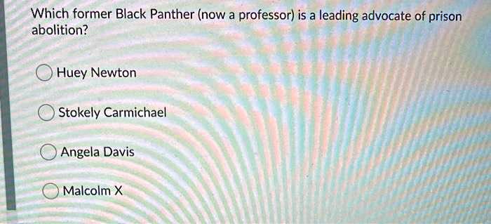 Which former Black Panther (now a professor) is a leading advocate of prison abolition?
Huey Newton
Stokely Carmichael
Angela Davis
Malcolm X