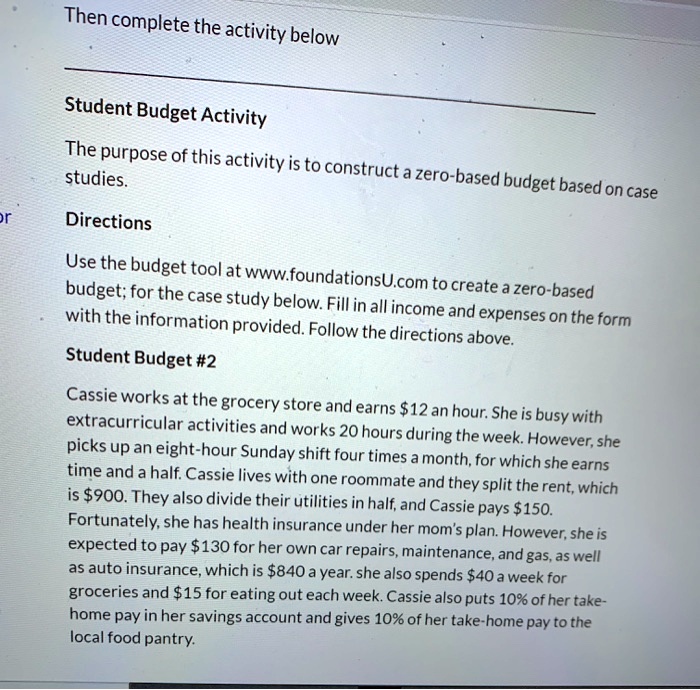 Student Budget Activity Studies. The purpose of this activity is to