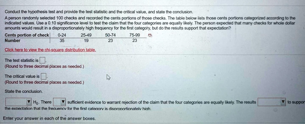 Conduct the hypothesis test and provide the test statistic and the critical value, and state the conclusion.
A person randomly selected 100 checks and recorded the cents portions of those checks. The table below lists those cents portions categorized according to the indicated values. Use a 0.10 significance level to test the claim that the four categories are equally likely. The person expected that many checks for whole dollar amounts would result in a disproportionately high frequency for the first category, but do the results support that expectation?

Cents portion of check | 0-24 | 25-49 | 50-74 | 75-99
Number | 35 | 19 | 23 | 23

Click here to view the chi-square distribution table.

The test statistic is .
(Round to three decimal places as needed.)

The critical value is .
(Round to three decimal places as needed.)

State the conclusion.
H0. There sufficient evidence to warrant rejection of the claim that the four categories are equally likely. The results to support the expectation that the frequency for the first category is disproportionately high.

Enter your answer in each of the answer boxes.