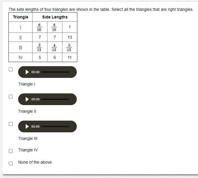 SOLVED: The side lengths of four triangles are shown in the table ...